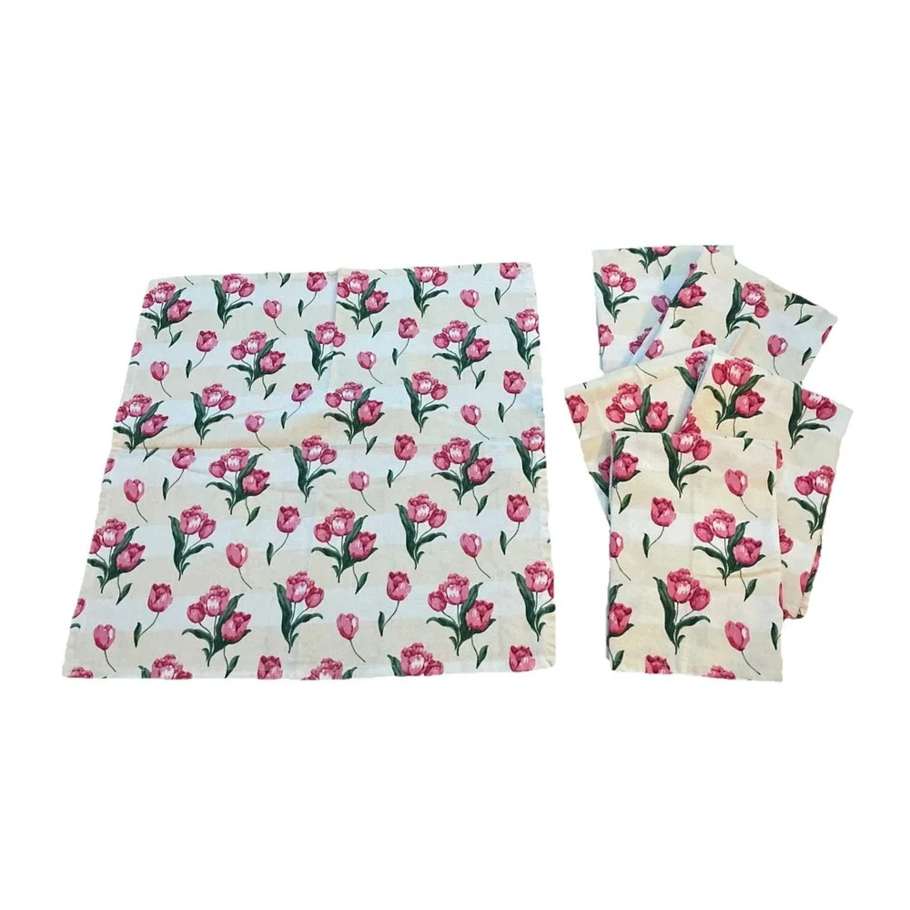 Vintage Napkin Cream‎ Pink Green Floral Rose Fabric MCM 18